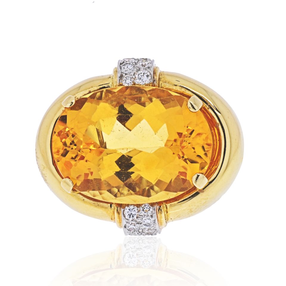 David Webb Platinum & 18K Yellow Gold Oval Citrine And Diamond Ring - The Back Vault