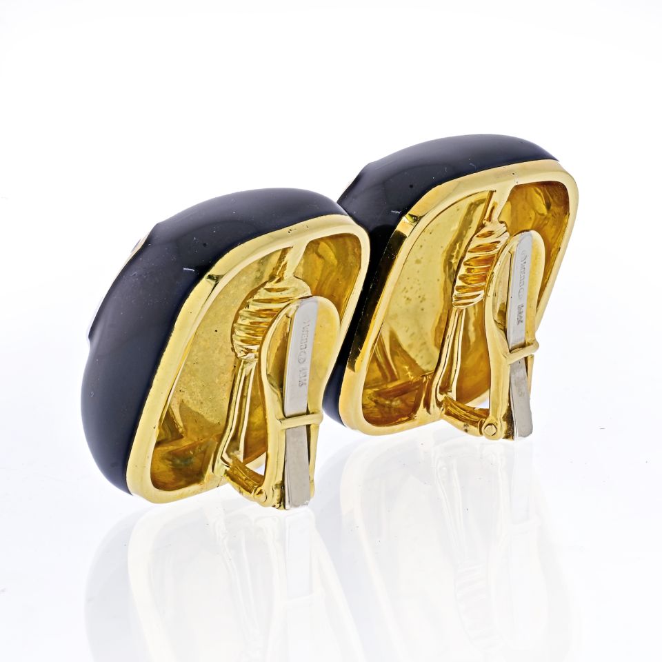 David Webb Platinum & 18K Yellow Gold Black Enamel Cushion Clip-On Earrings - The Back Vault