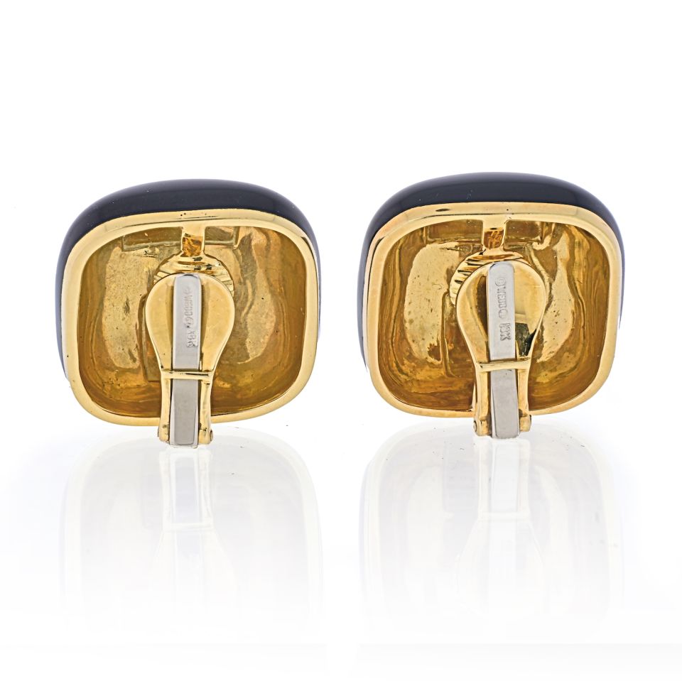 David Webb Platinum & 18K Yellow Gold Black Enamel Cushion Clip-On Earrings - The Back Vault