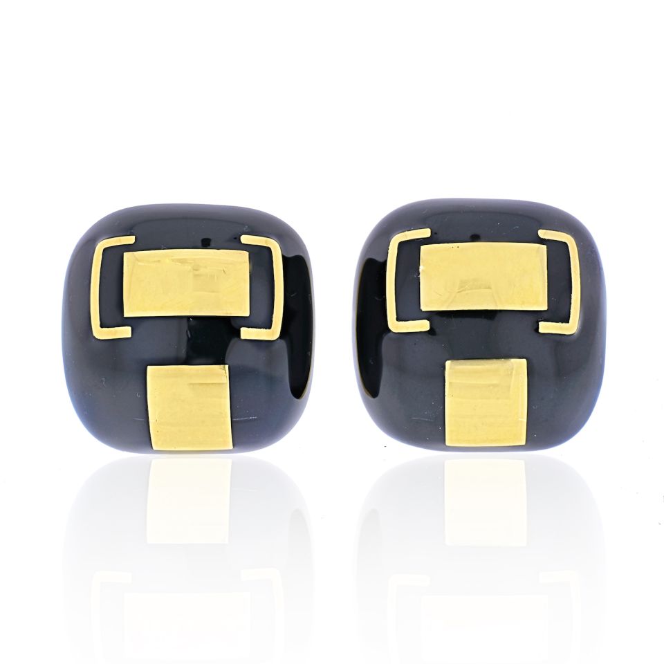 David Webb Platinum & 18K Yellow Gold Black Enamel Cushion Clip-On Earrings - The Back Vault