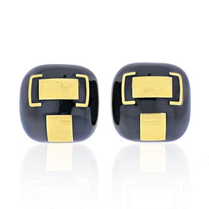 David Webb Platinum & 18K Yellow Gold Black Enamel Cushion Clip-On Earrings