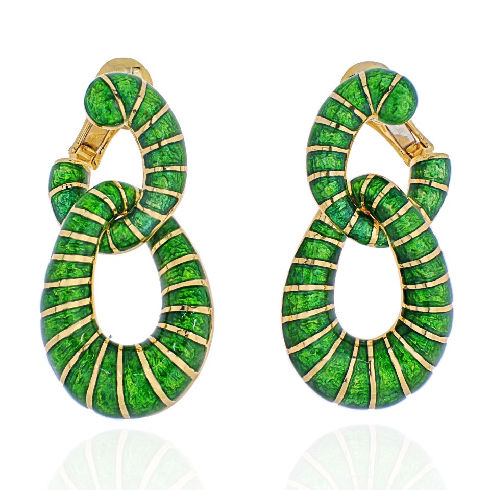 David Webb Platinum & 18K Yellow Gold Green Enamel Double Hoop Door-Knocker Earrings - The Back Vault