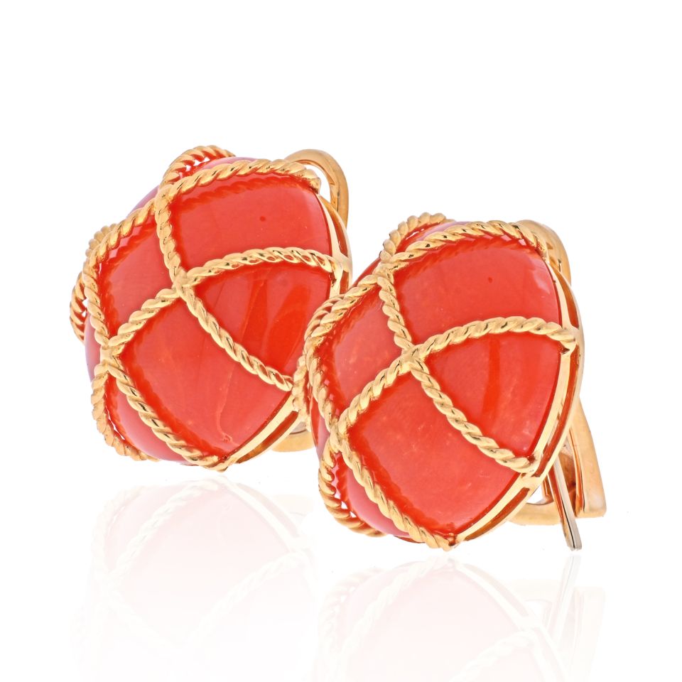 18K Yellow Gold Caged Coral Clip On Earrings - The Back Vault