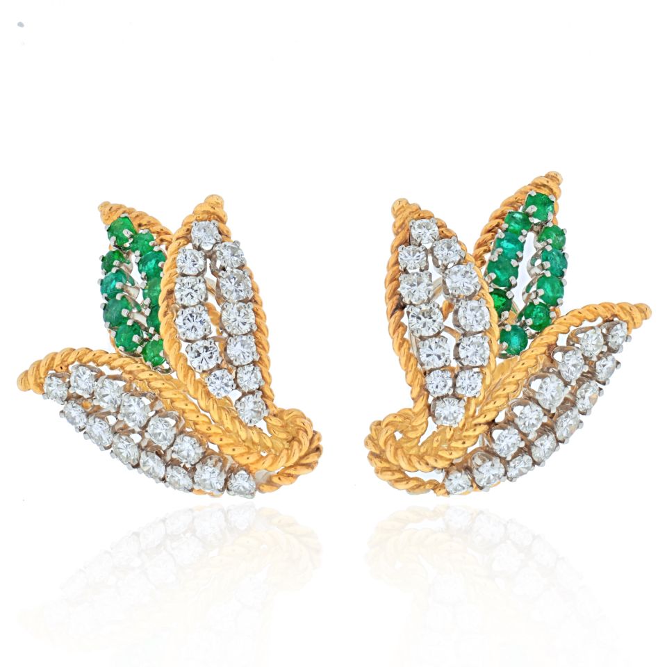 Platinum & 18K Yellow Gold 3 Carats Diamond And Green Emeralds Earrings - The Back Vault