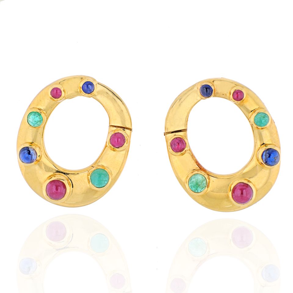 David Webb 18K Yellow Gold Oval Shaped Sapphires, Emeralds and Rubies Earrings - The Back Vault