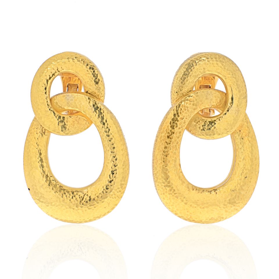 David Webb 18K Yellow Gold Hammered Finish Double Circle Door Knocker Earrings - The Back Vault