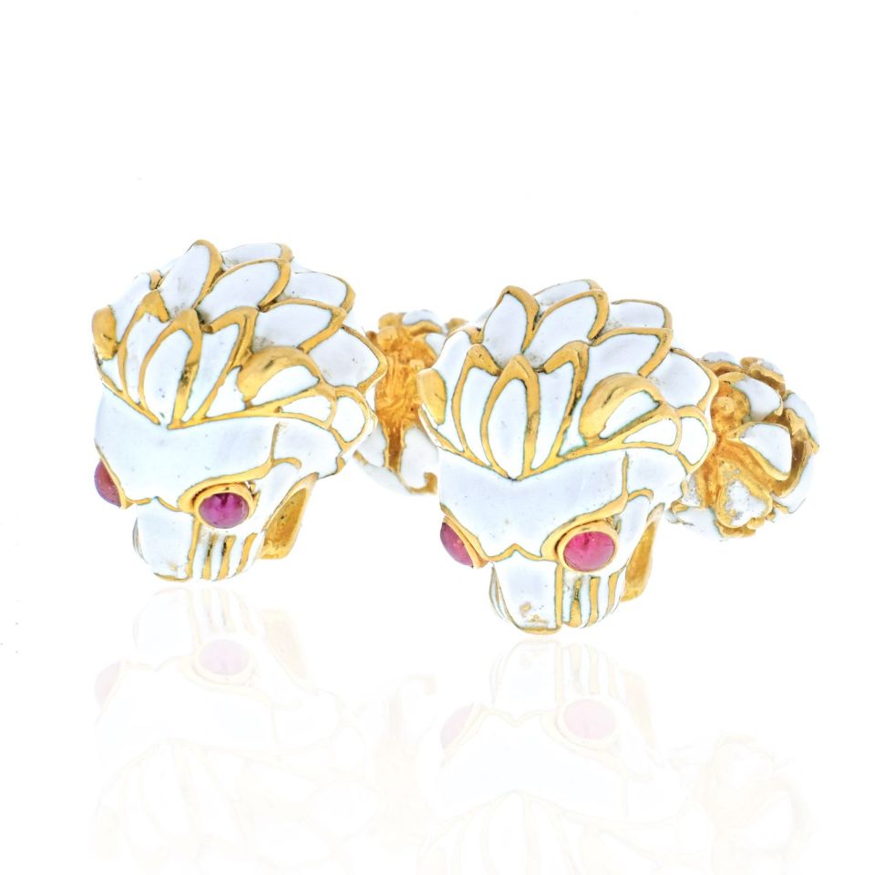 David Webb Platinum & 18K Yellow Gold White Enamel Lion Ruby Eyes Cuff Links - The Back Vault