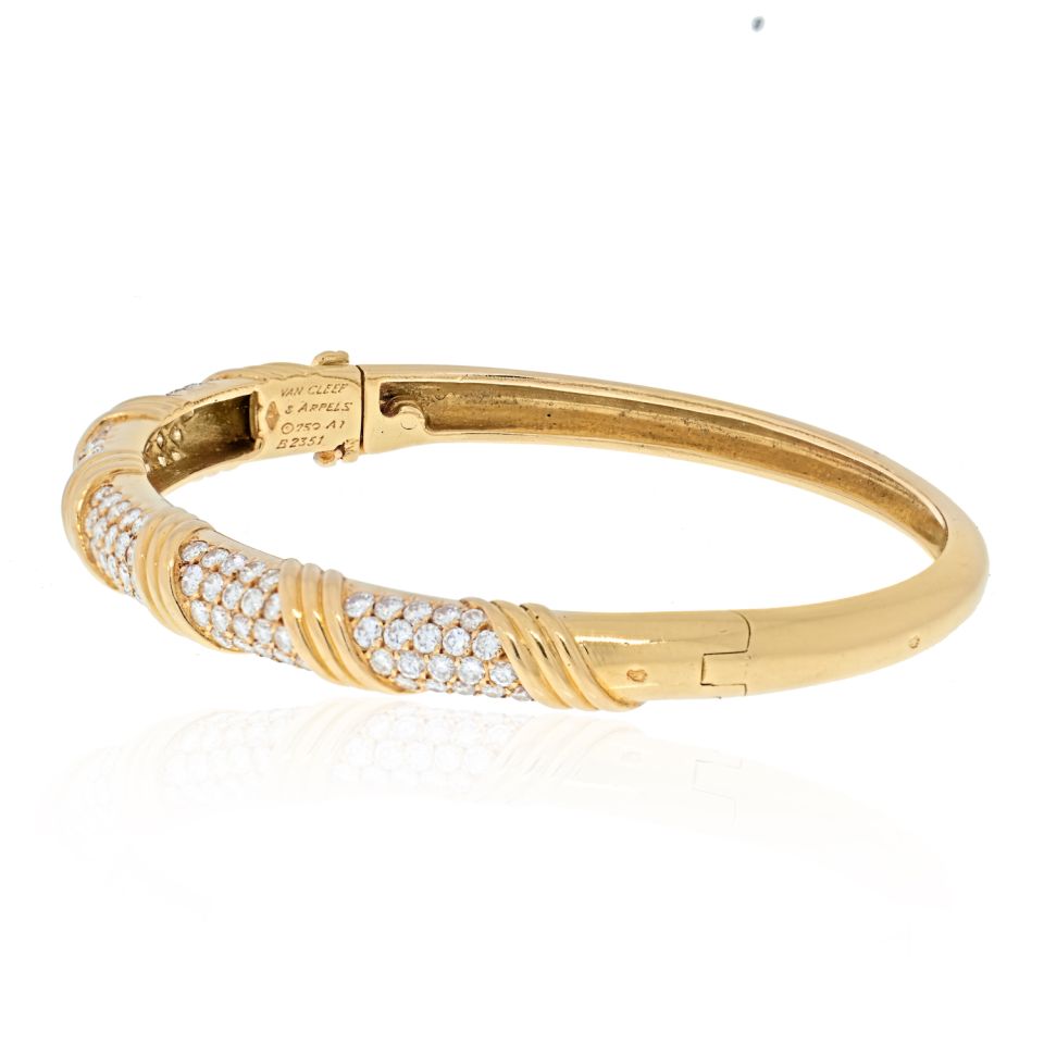 Van Cleef & Arpels 18K Yellow Gold Vintage Diamond Hinged Bangle Bracelet - The Back Vault