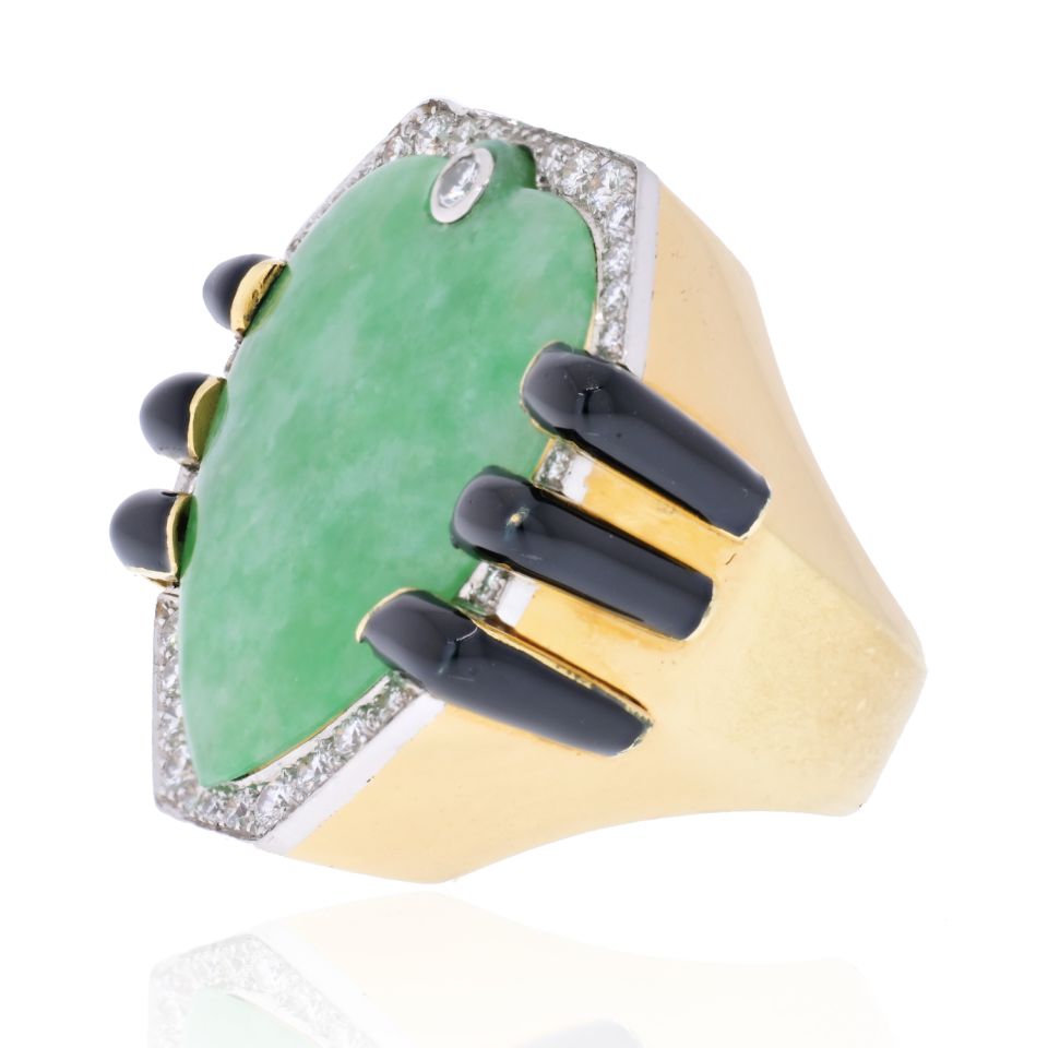 David Webb 18K Yellow Gold Jade, Diamond, Black Enamel Statement Ring - The Back Vault