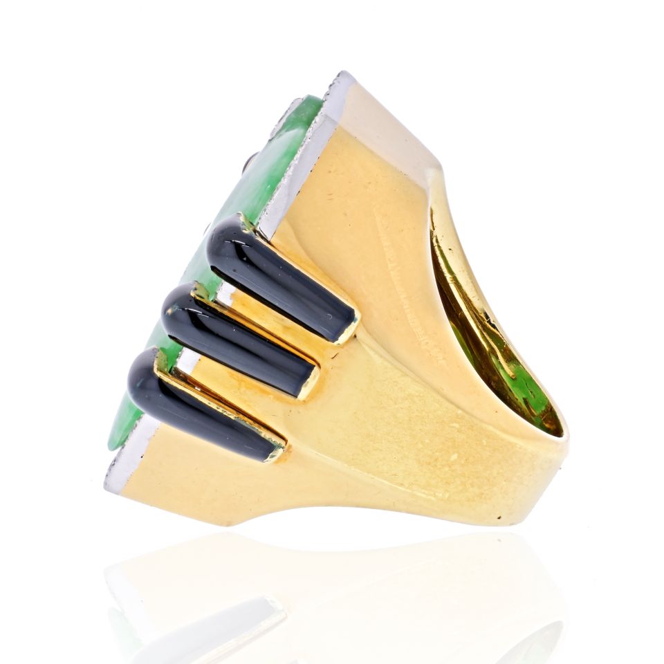 David Webb 18K Yellow Gold Jade, Diamond, Black Enamel Statement Ring - The Back Vault