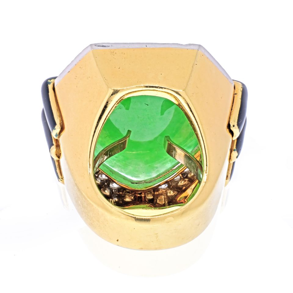 David Webb 18K Yellow Gold Jade, Diamond, Black Enamel Statement Ring - The Back Vault