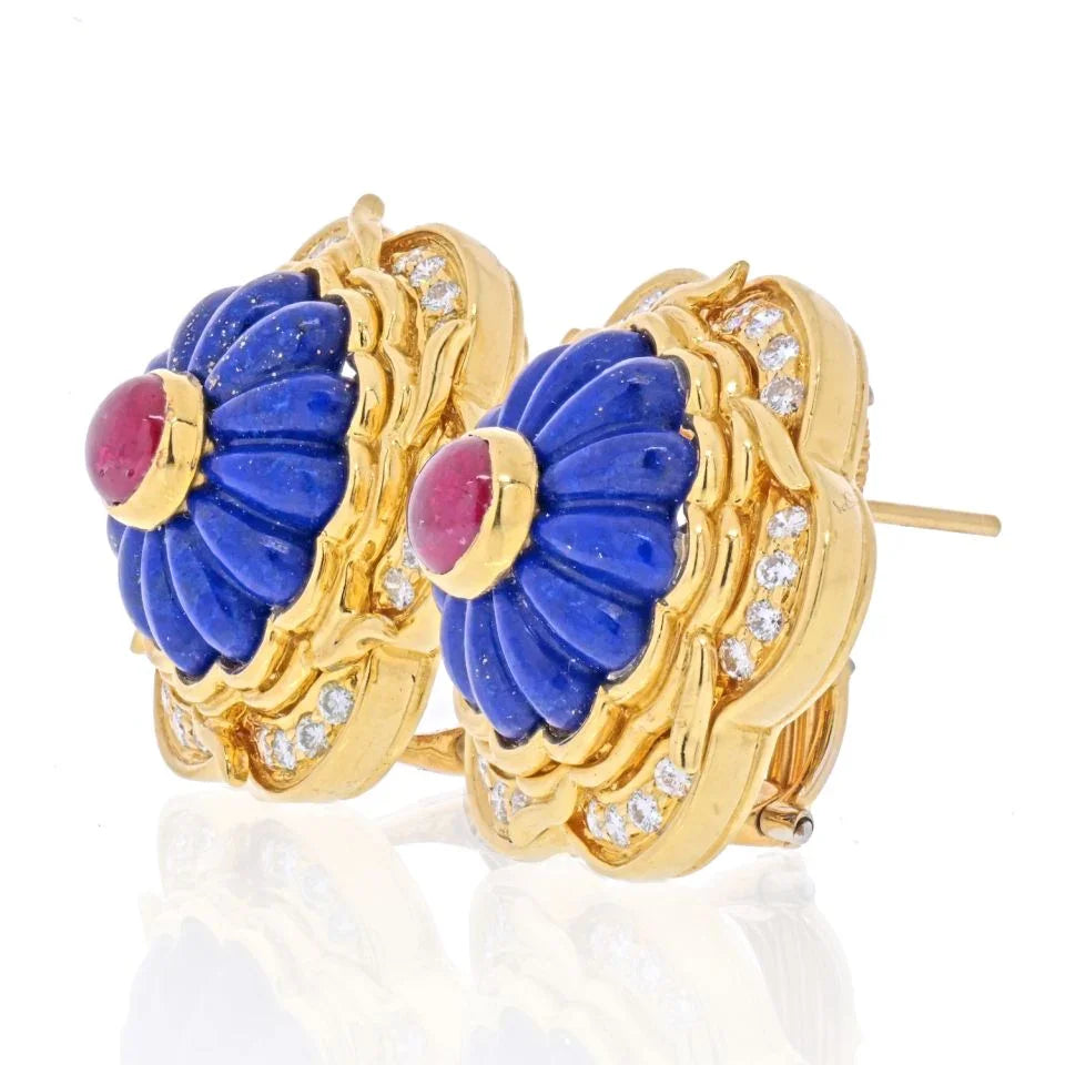 Harry Winston 18K Yellow Gold Lapis, Ruby, Diamond Earrings – The