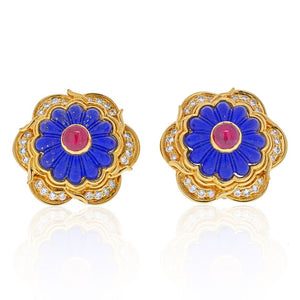 Harry Winston 18K Yellow Gold Lapis, Ruby, Diamond Earrings