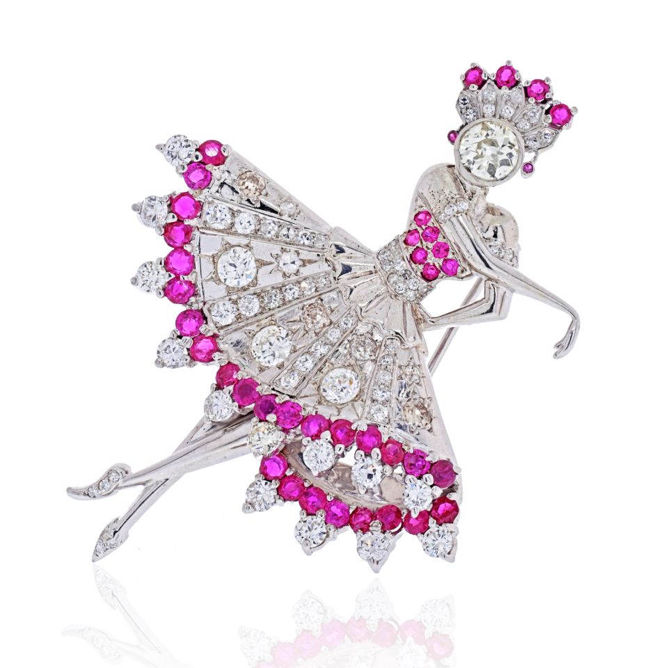 Platinum Ballerina Diamond & Ruby Brooch - The Back Vault