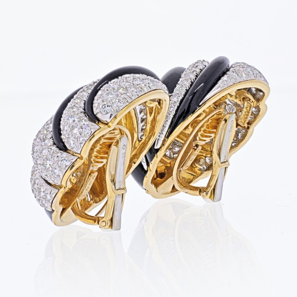 David Webb Platinum & 18K Yellow Gold Black Enamel And Diamond Round Clip Earrings - The Back Vault