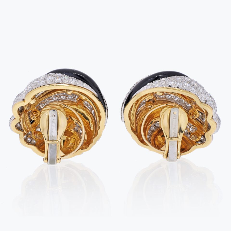 David Webb Platinum & 18K Yellow Gold Black Enamel And Diamond Round Clip Earrings - The Back Vault