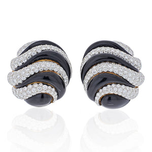 David Webb Platinum & 18K Yellow Gold Black Enamel And Diamond Round Clip Earrings