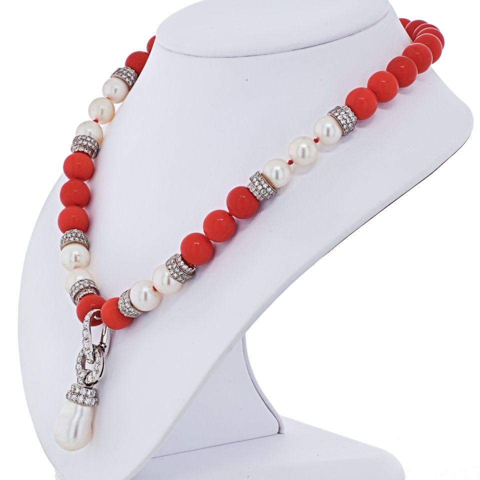 David Webb Platinum & 18K White Gold Coral, Diamond and Pearl Bead Necklace - The Back Vault