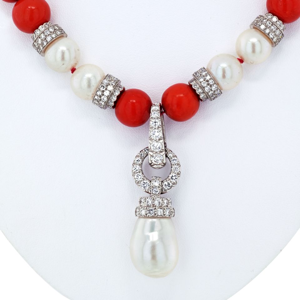 David Webb Platinum & 18K White Gold Coral, Diamond and Pearl Bead Necklace - The Back Vault