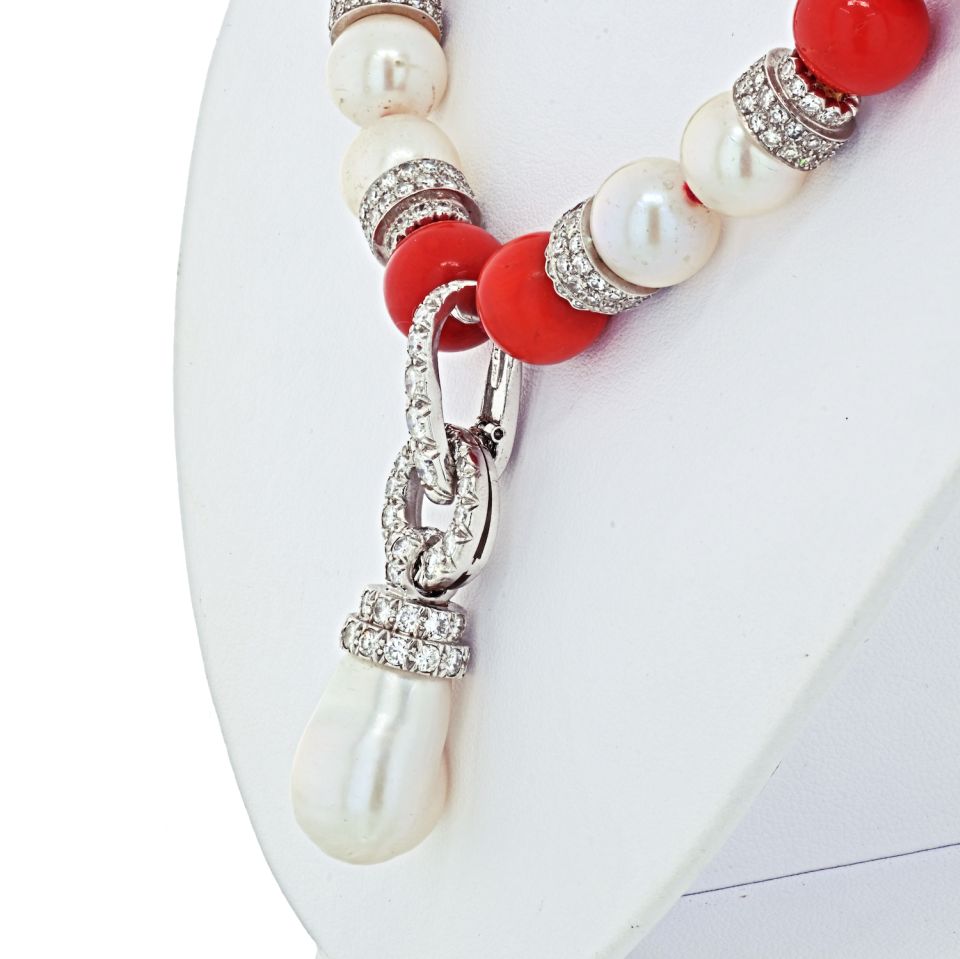 David Webb Platinum & 18K White Gold Coral, Diamond and Pearl Bead Necklace - The Back Vault