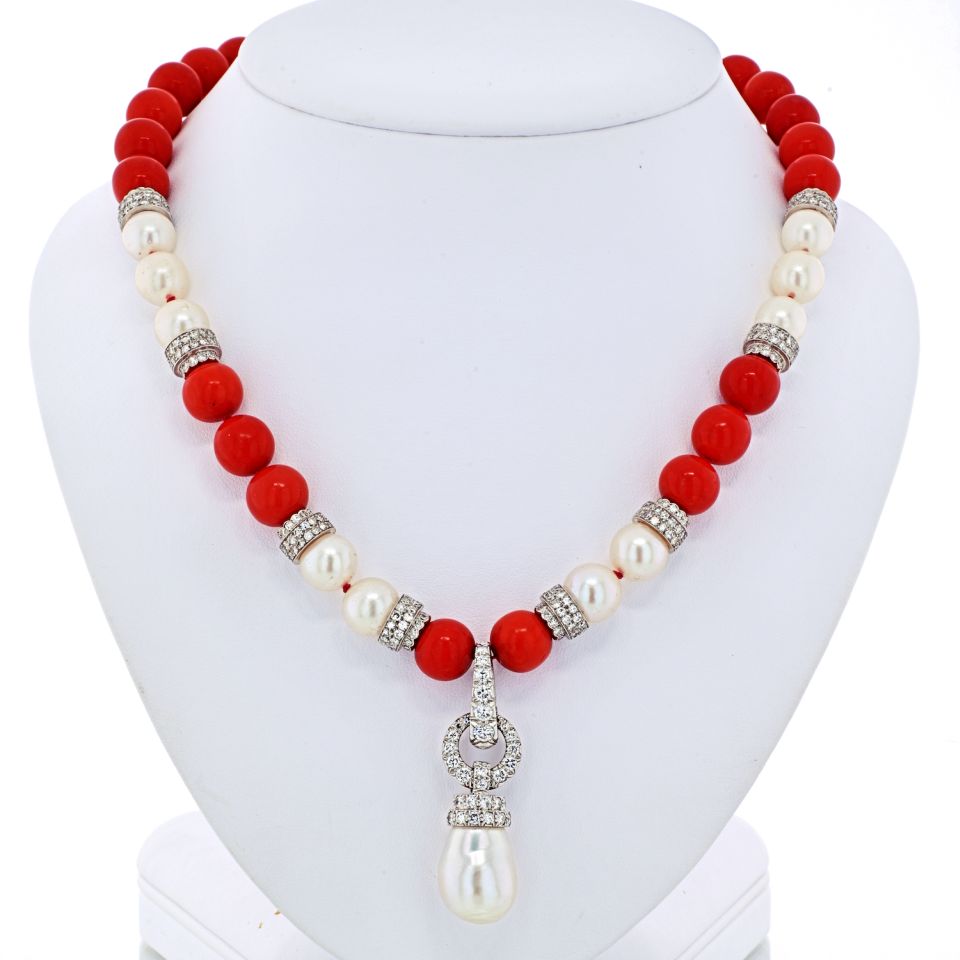 David Webb Platinum & 18K White Gold Coral, Diamond and Pearl Bead Necklace - The Back Vault