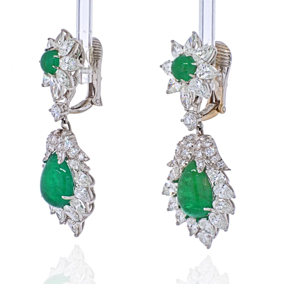 David Webb Platinum 1970's Green Emerald And Diamond Hanging Earrings - The Back Vault