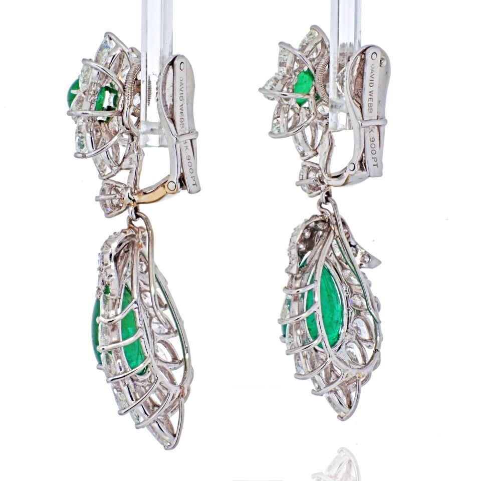 David Webb Platinum 1970's Green Emerald And Diamond Hanging Earrings - The Back Vault