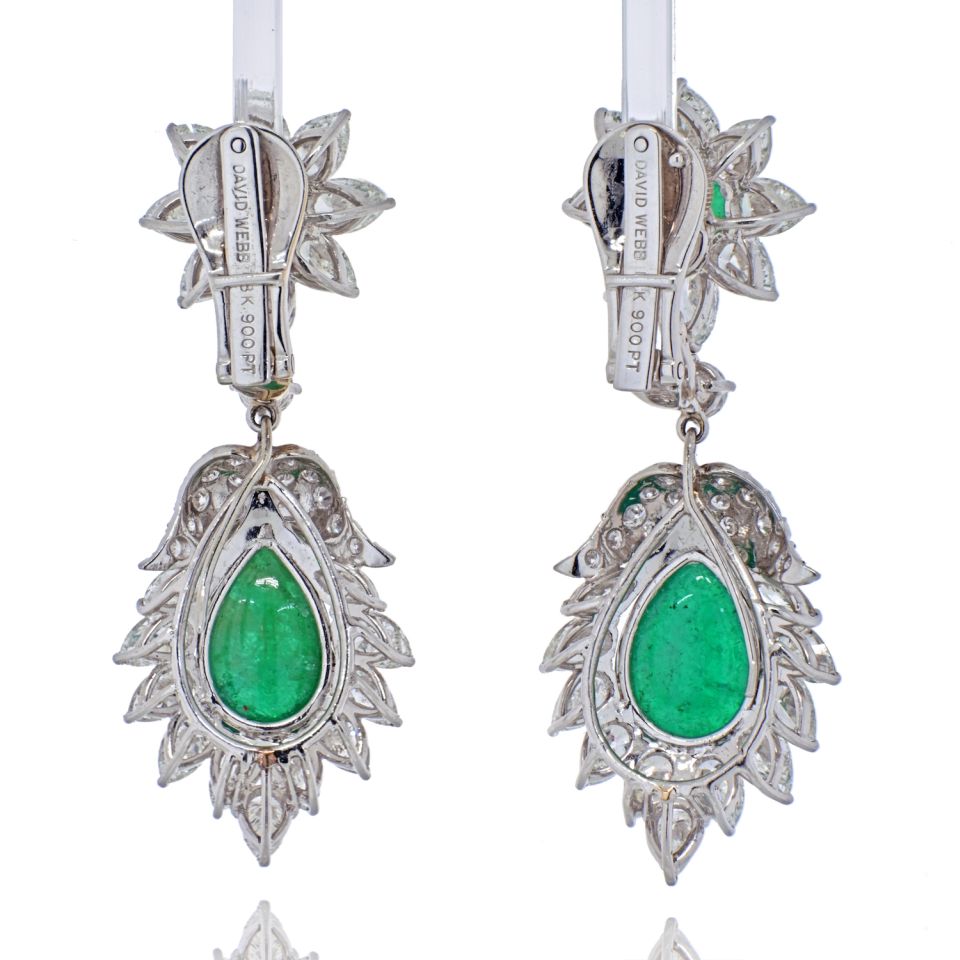 David Webb Platinum 1970's Green Emerald And Diamond Hanging Earrings - The Back Vault