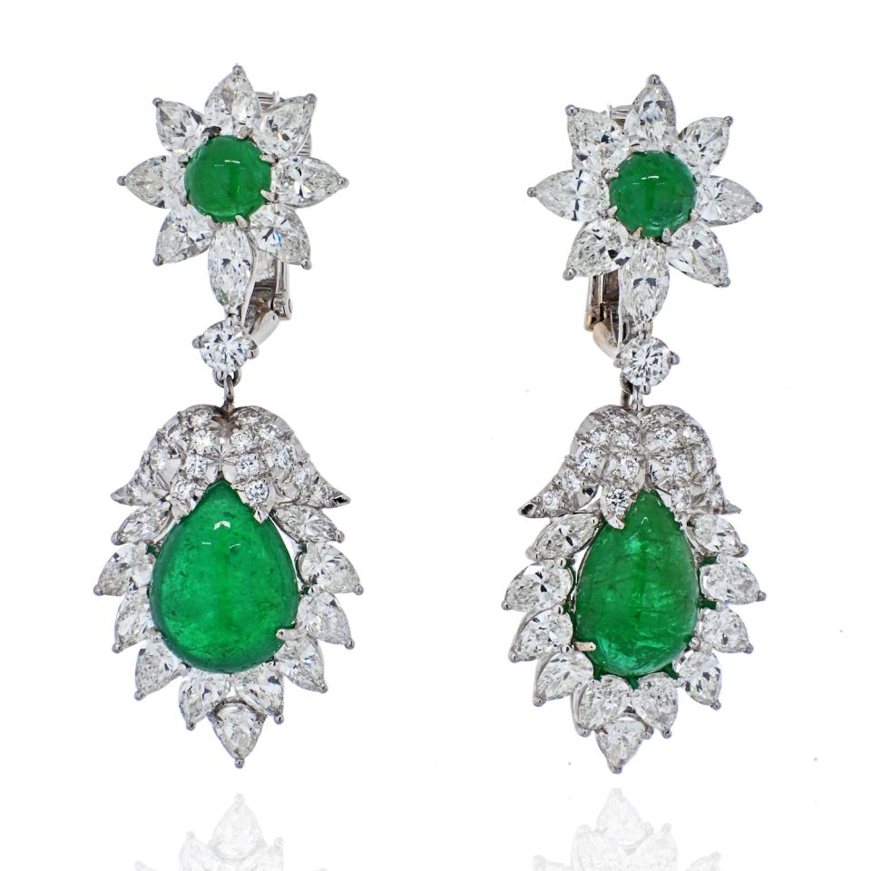 David Webb Platinum 1970's Green Emerald And Diamond Hanging Earrings - The Back Vault