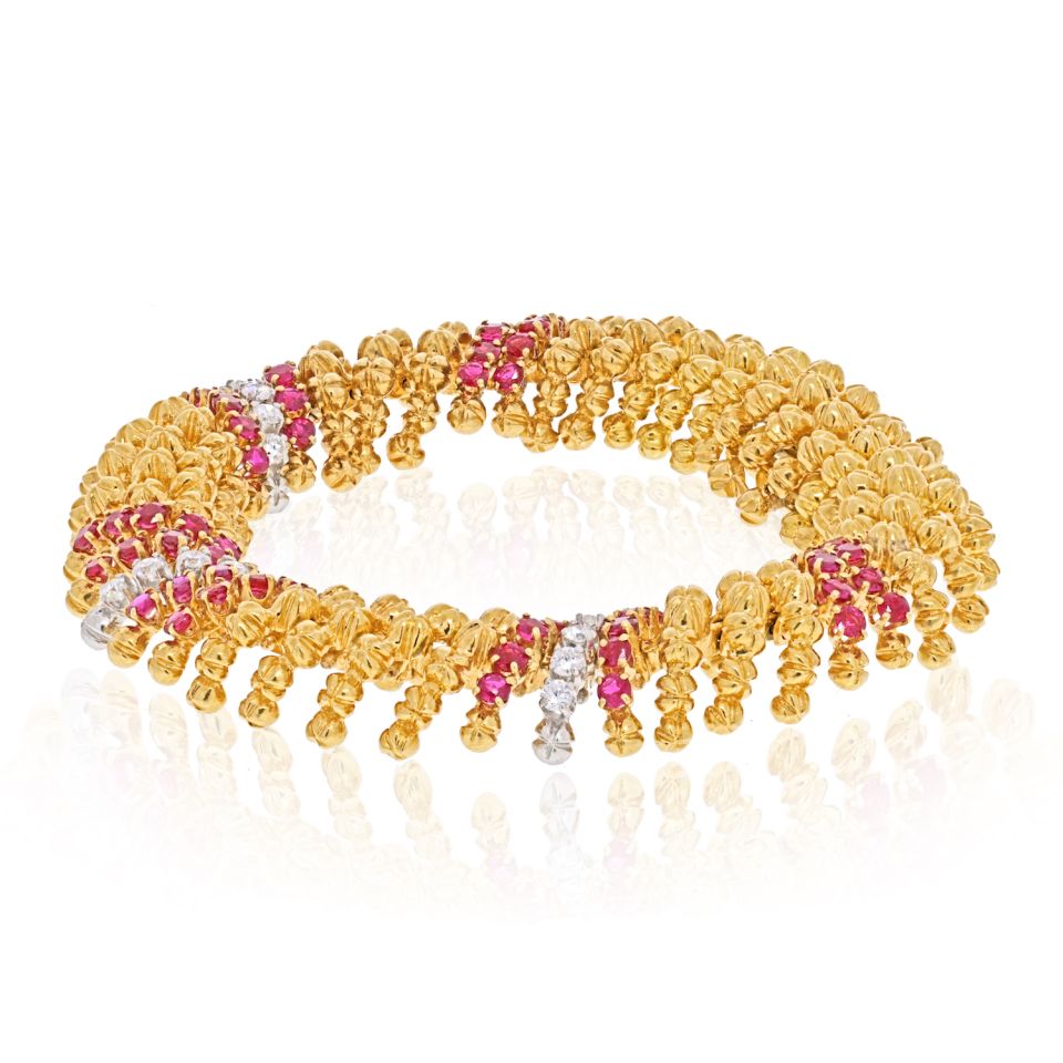 David Webb Platinum & 18K Yellow Gold Diamnd And Ruby Bracelet - The Back Vault