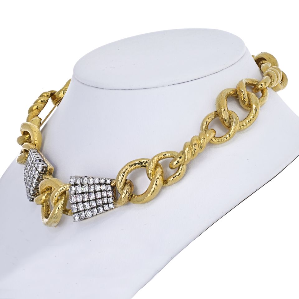 David Webb Platinum & 18K Yellow Gold Twisted Rope Link Diamond Collar Necklace - The Back Vault