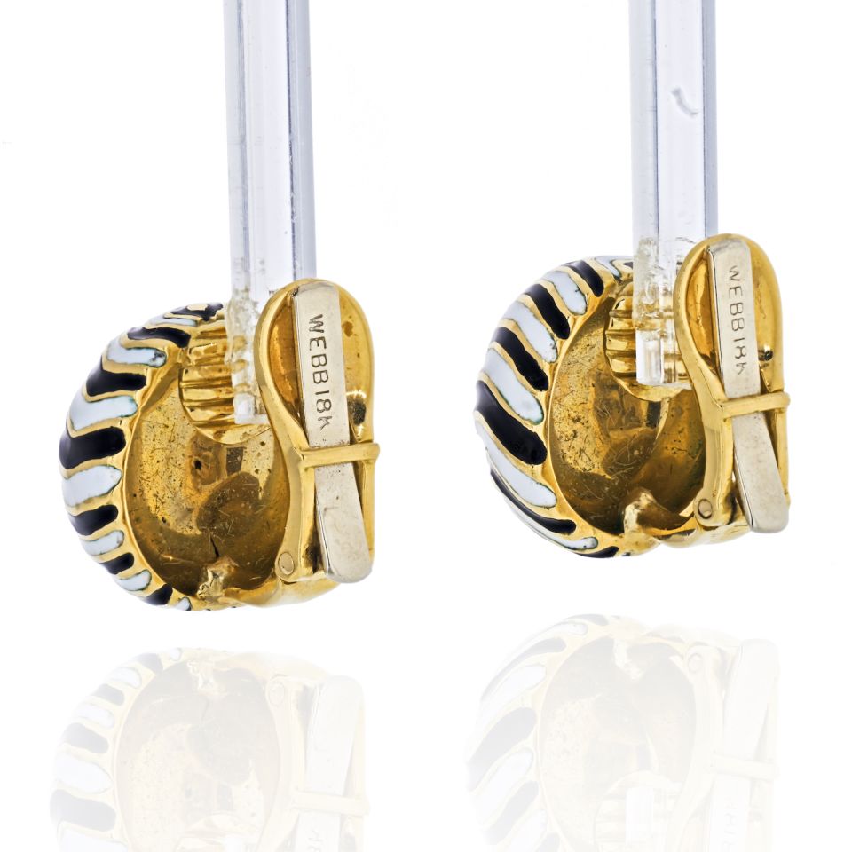 David Webb Platinum & 18K Yellow Gold Signature Zebra Enamel Round Earrings - The Back Vault