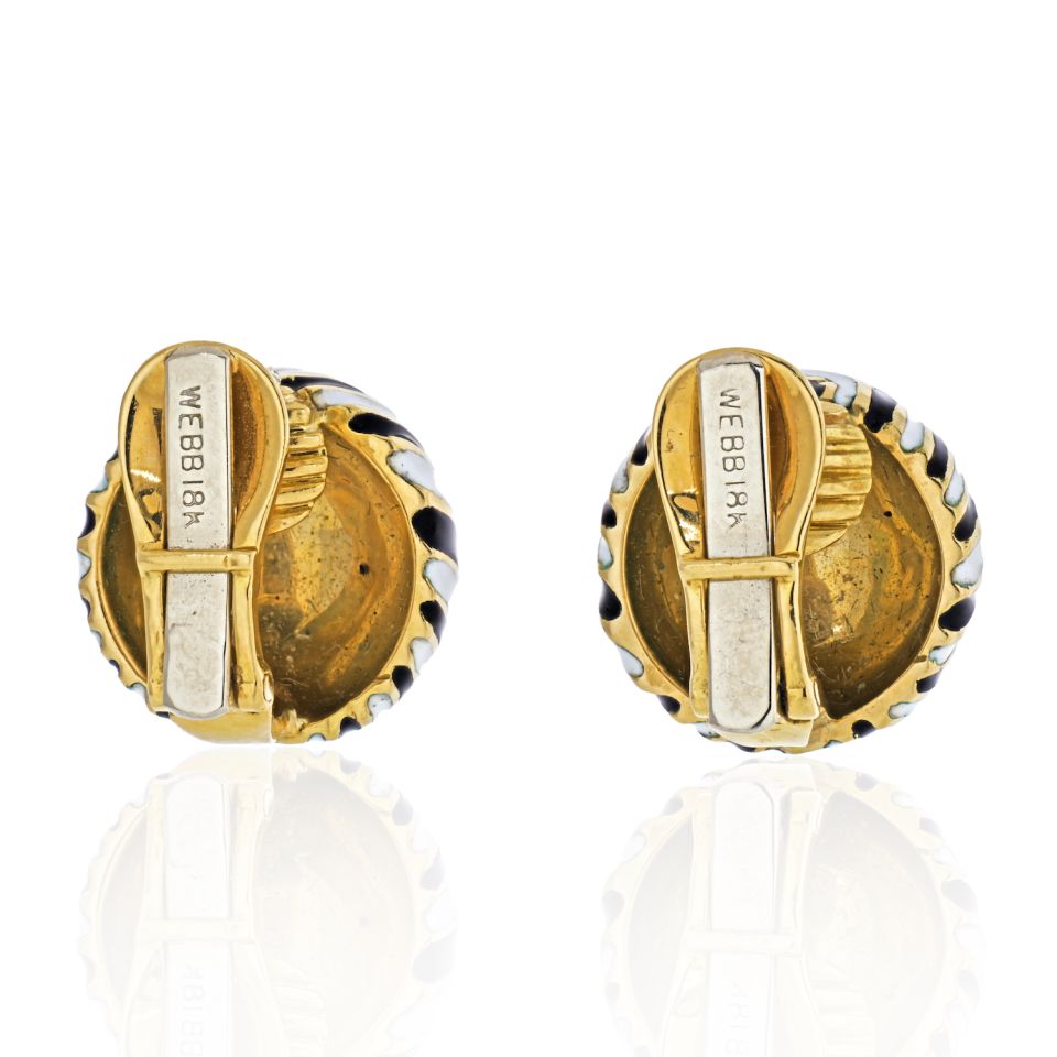 David Webb Platinum & 18K Yellow Gold Signature Zebra Enamel Round Earrings - The Back Vault