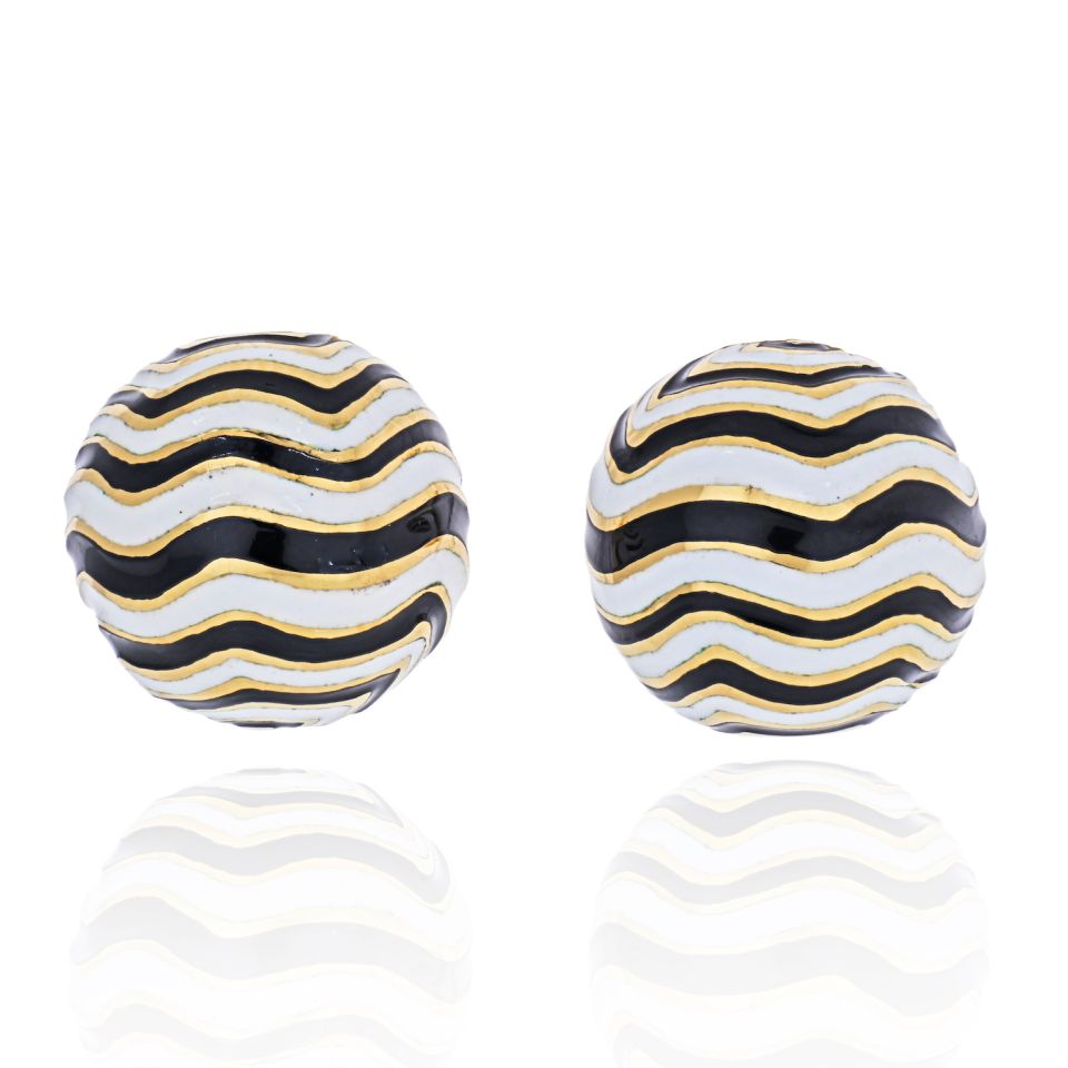 David Webb Platinum & 18K Yellow Gold Signature Zebra Enamel Round Earrings - The Back Vault