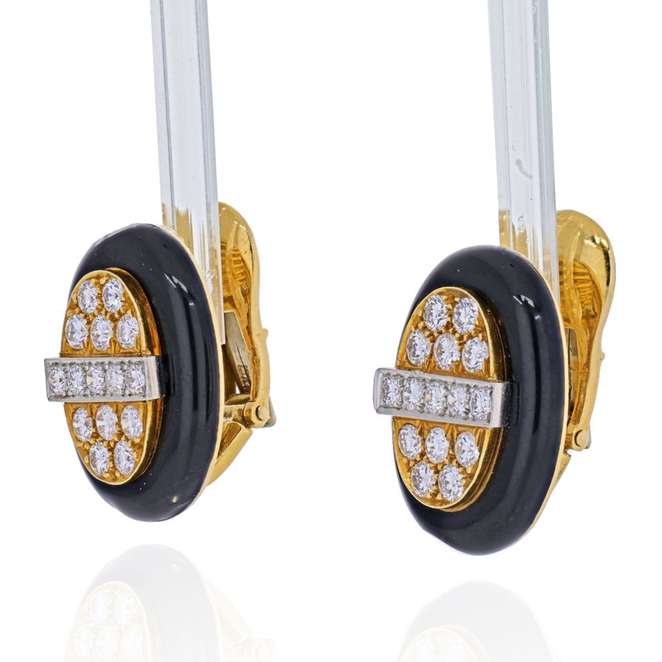 David Webb Platinum & 18K Yellow Gold 3 Carat Diamond And Black Enamel Earrings - The Back Vault