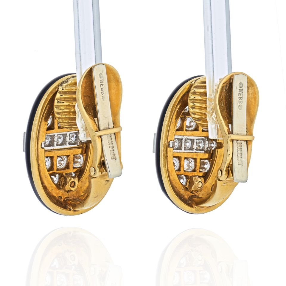 David Webb Platinum & 18K Yellow Gold 3 Carat Diamond And Black Enamel Earrings - The Back Vault