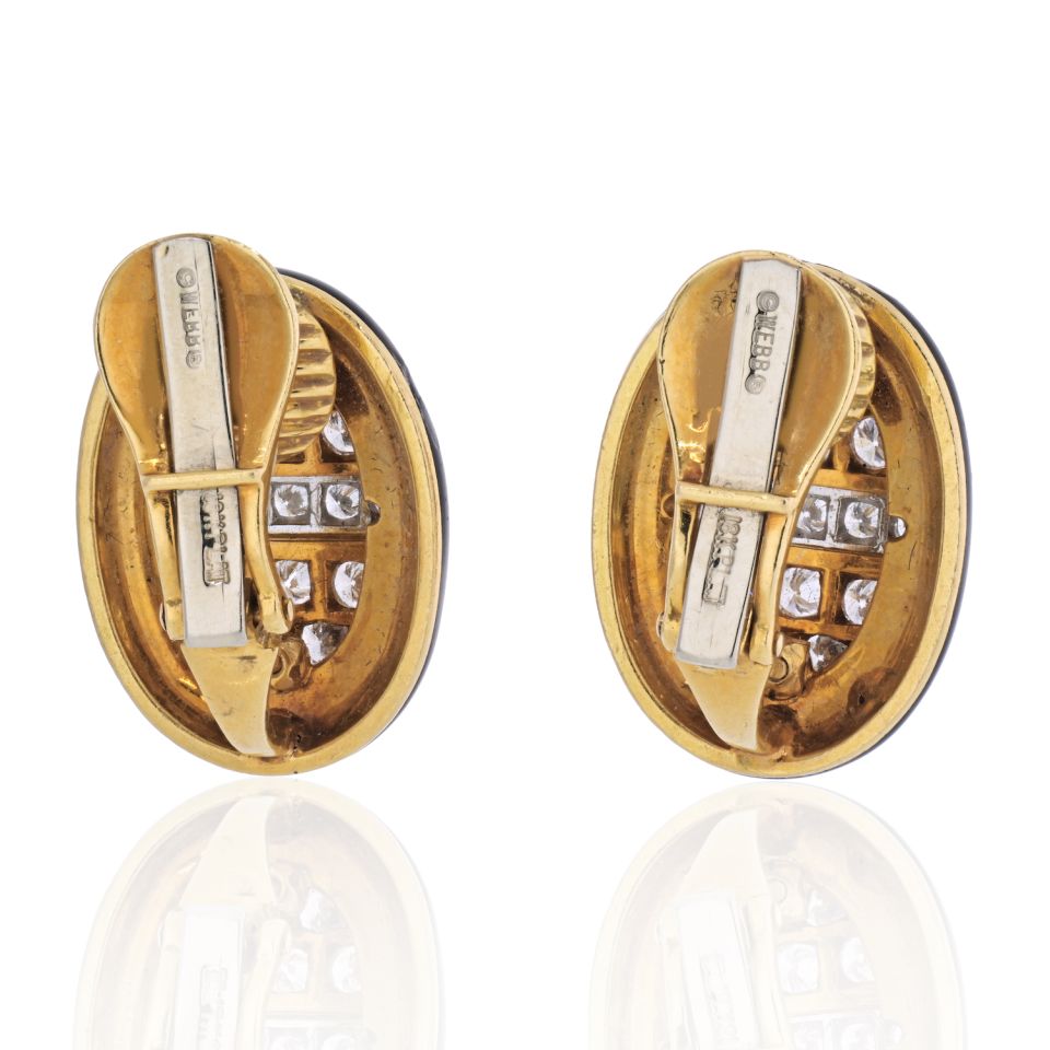 David Webb Platinum & 18K Yellow Gold 3 Carat Diamond And Black Enamel Earrings - The Back Vault