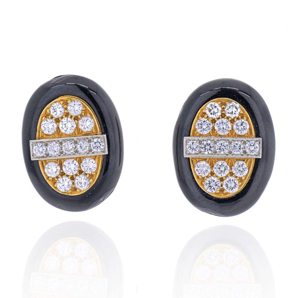 David Webb Platinum & 18K Yellow Gold 3 Carat Diamond And Black Enamel Earrings - The Back Vault