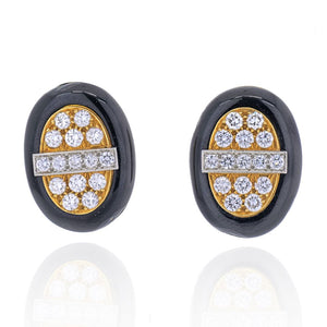 David Webb Platinum & 18K Yellow Gold 3 Carat Diamond And Black Enamel Earrings