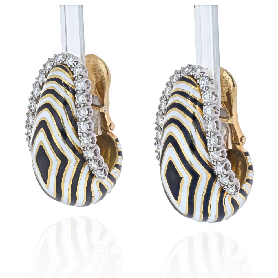 David Webb Vreeland Diamond Zebra Black & White Enamel Earrings - The Back Vault