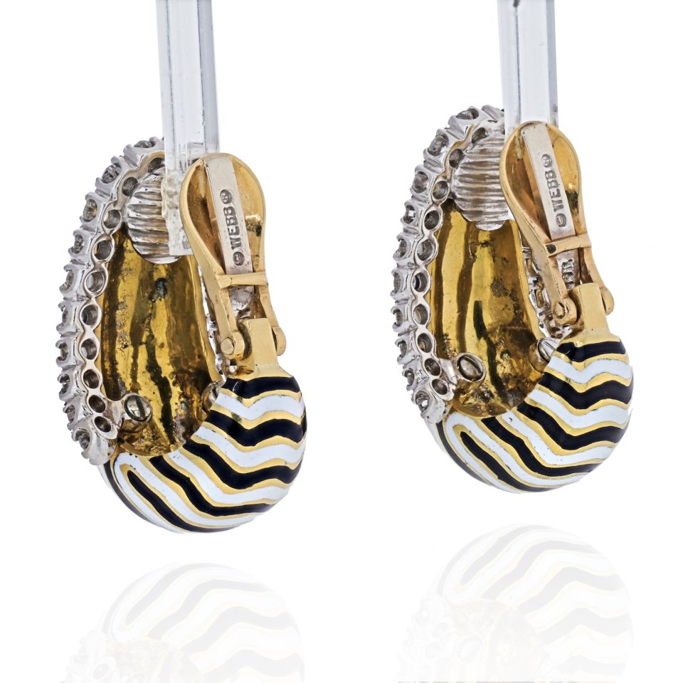 David Webb Vreeland Diamond Zebra Black & White Enamel Earrings - The Back Vault