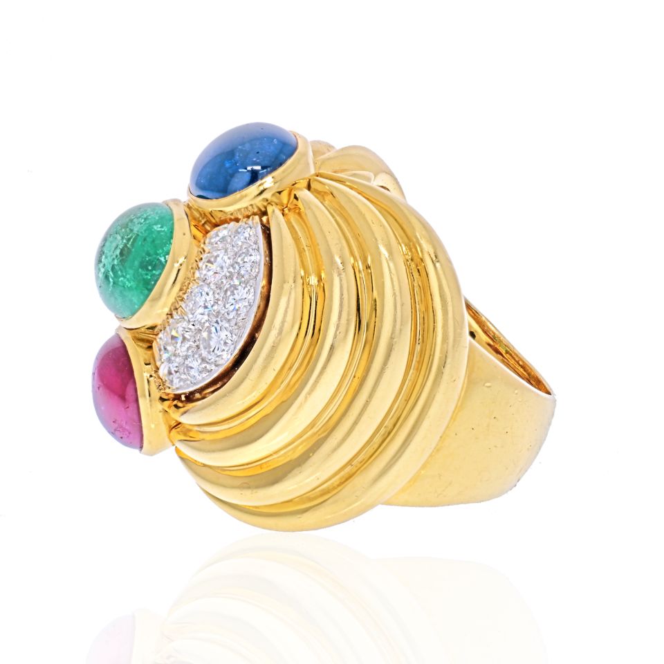 David Webb Platinum & 18K Yellow Gold Cabochon Sapphire, Emerald and Ruby Ring - The Back Vault