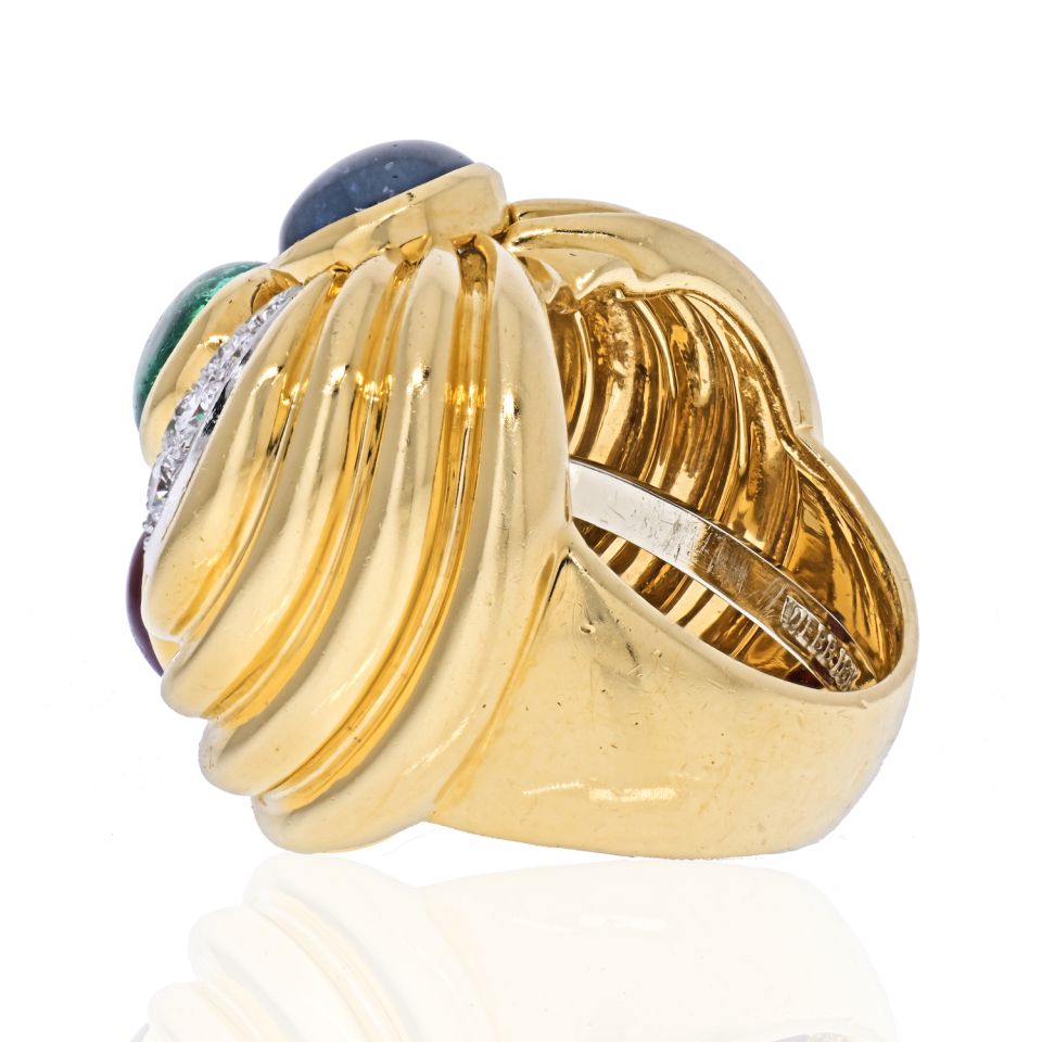 David Webb Platinum & 18K Yellow Gold Cabochon Sapphire, Emerald and Ruby Ring - The Back Vault