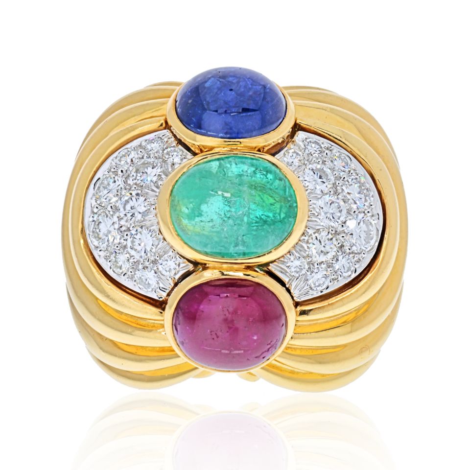 David Webb Platinum & 18K Yellow Gold Cabochon Sapphire, Emerald and Ruby Ring - The Back Vault