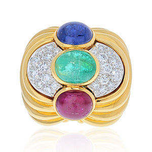 David Webb Platinum & 18K Yellow Gold Cabochon Sapphire, Emerald and Ruby Ring