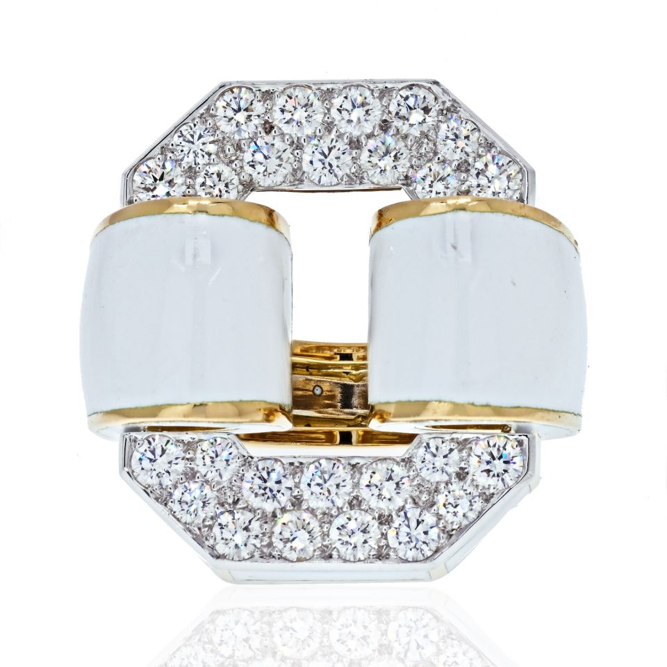 David Webb Platinum & 18K Yellow Gold Signature Tire in White Enamel Diamond Ring - The Back Vault