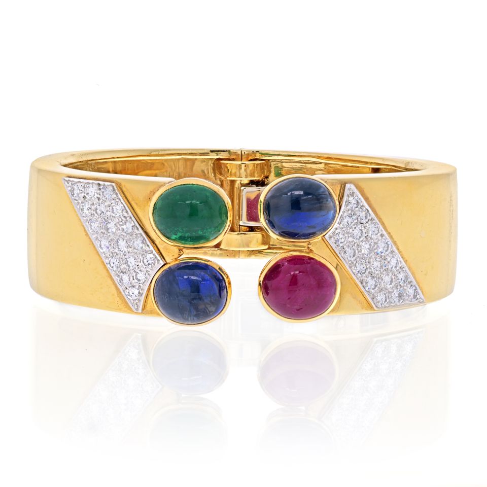 David Webb Yellow Gold Ruby, Sapphire, Emerald And Diamond Bangle Bracelet - The Back Vault