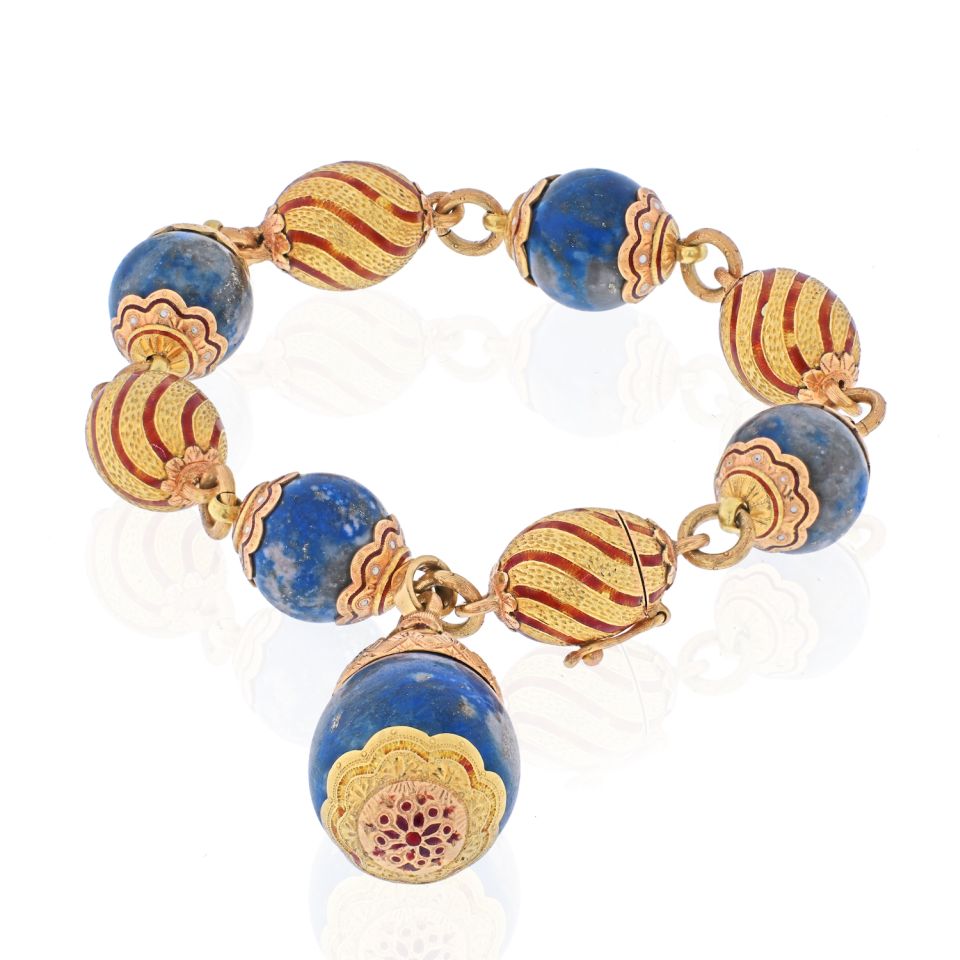 18K Yellow Gold Lapis And Gold Cylinder Bead Ball One Line Bracelet - The Back Vault