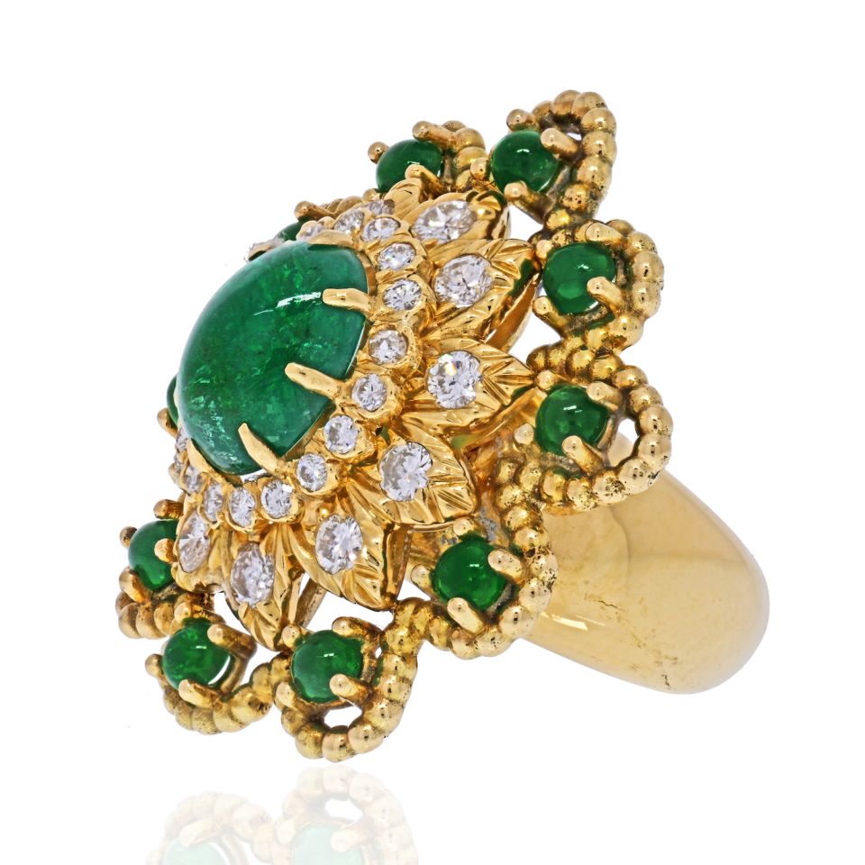 David Webb 18K Yellow Gold Cabochon Emerald Diamond Flower Ring - The Back Vault