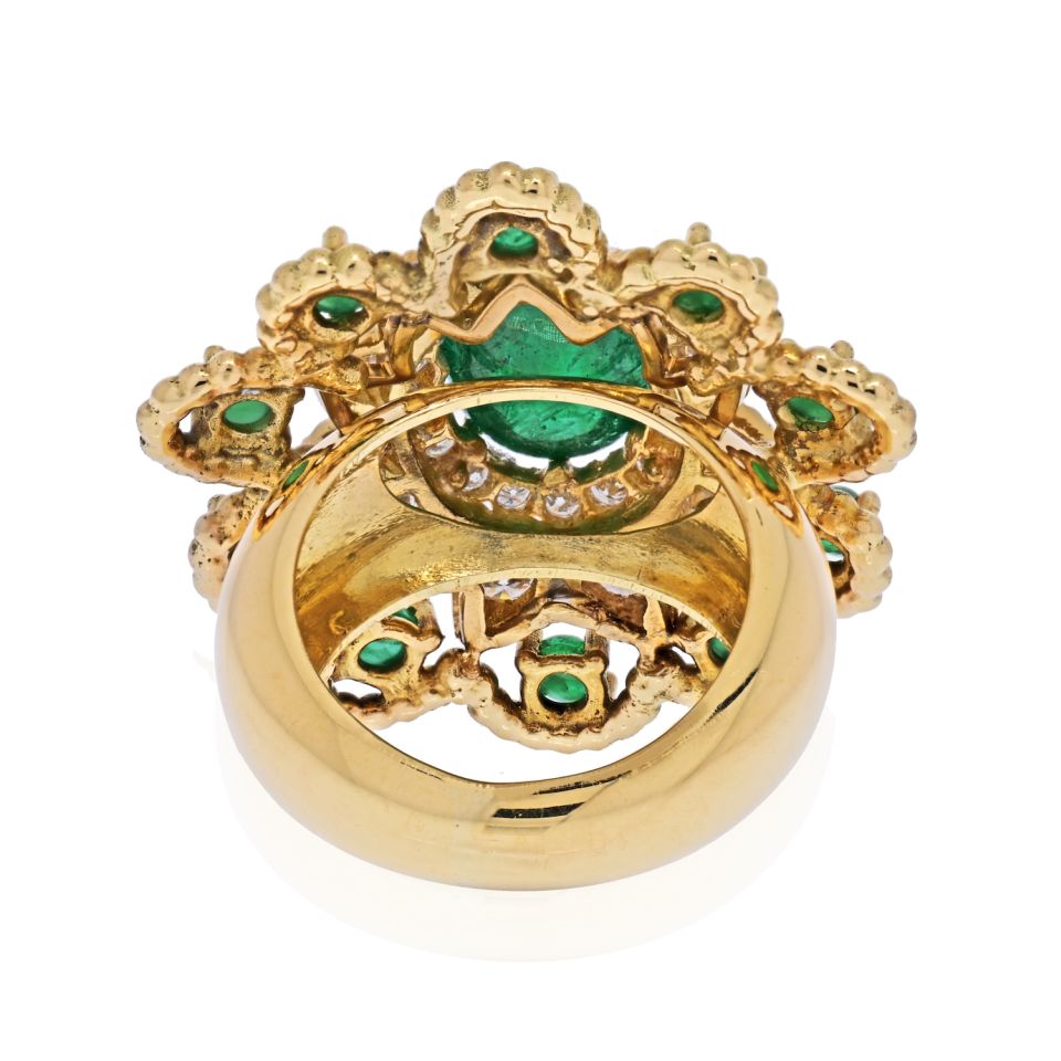 David Webb 18K Yellow Gold Cabochon Emerald Diamond Flower Ring - The Back Vault